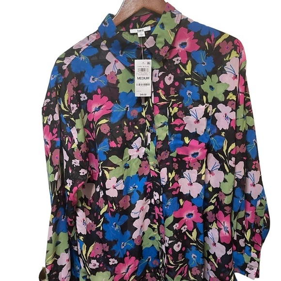 Bar III Chiffon Blue Pink Yellow Floral Button Up Work Casual Blouse sz M NWT - Picture 3 of 10